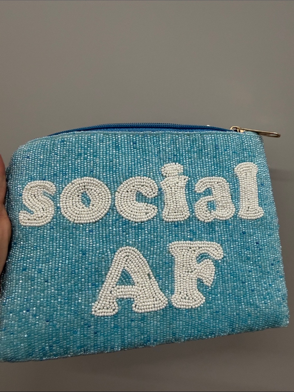 Hollister Beaded 'Social AF' Cosmetic Pouch - Light Blue & White
